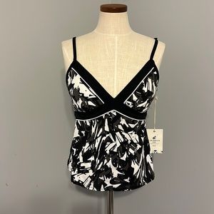 Caribbean Joe Swim Tankini Top Size 14 Black Gray White Splatter